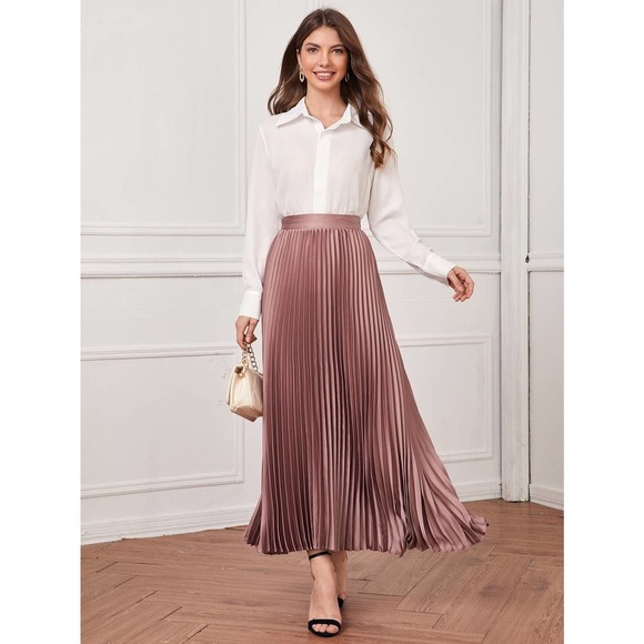 High Waist Pleated Satin Maxi Skirt light pink - Picture 5 of 5